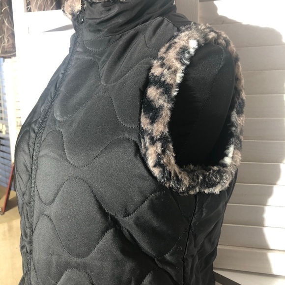Vintage Y2K reversible Vest Animal Print Faux Fur Cinch Quilted Black/Brown L - Picture 12 of 14